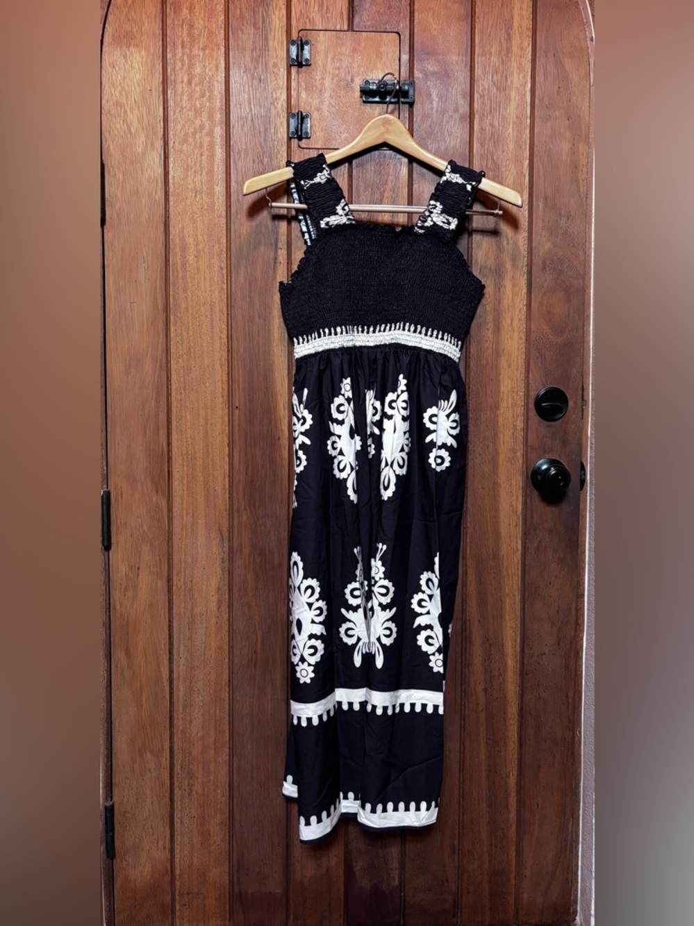 Black and White Embroidered Smocked Maxi Dress